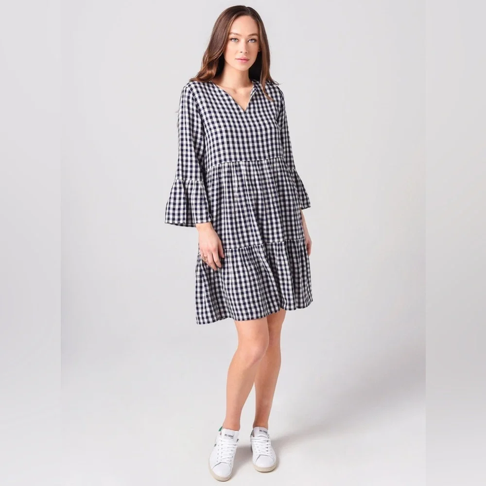 Hartford NWOT Rain Woven Dress, Blue Gingham, French Size 3 Large, Bell Sleeves - Picture 2 of 10